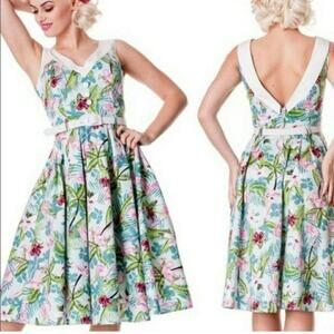 Hell Bunny Vixen 60s Flamingo Print Mod Pinup Fit & Flare Dress M